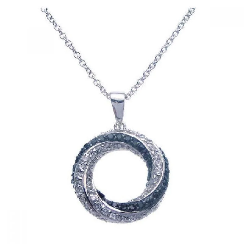 Unique necklaces and pendants with engraved messages for a sentimental gift-Silver 925 Rhodium Open Circle Black and Clear CZ Necklace - BGP00265