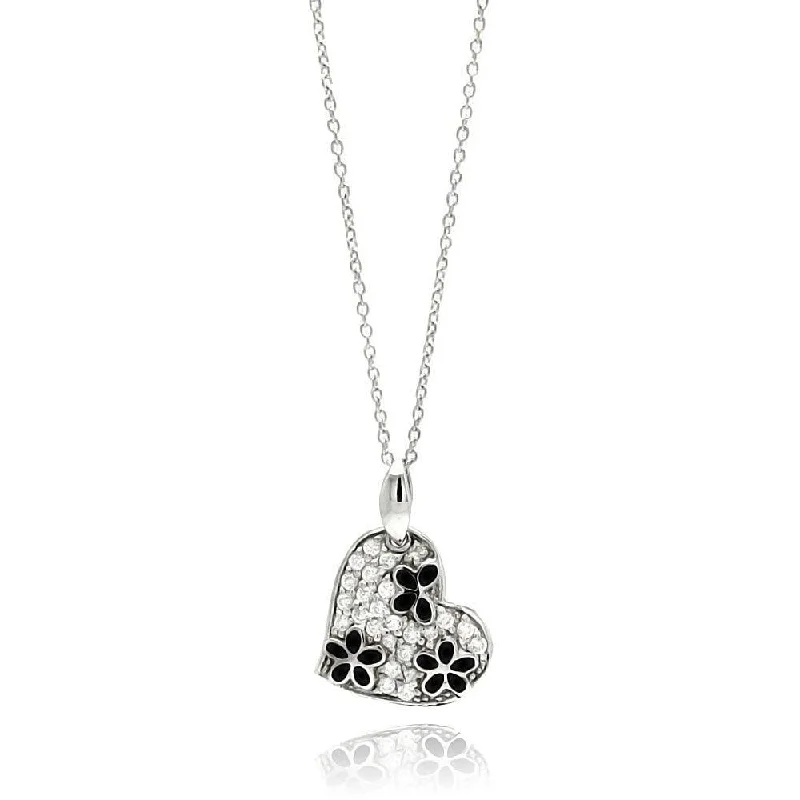 Best necklaces and pendants with matching rings for a coordinated jewelry set-Clearance-Silver 925 Rhodium Plated Clear and Black CZ Flower Heart Pendant Necklace - STP00822