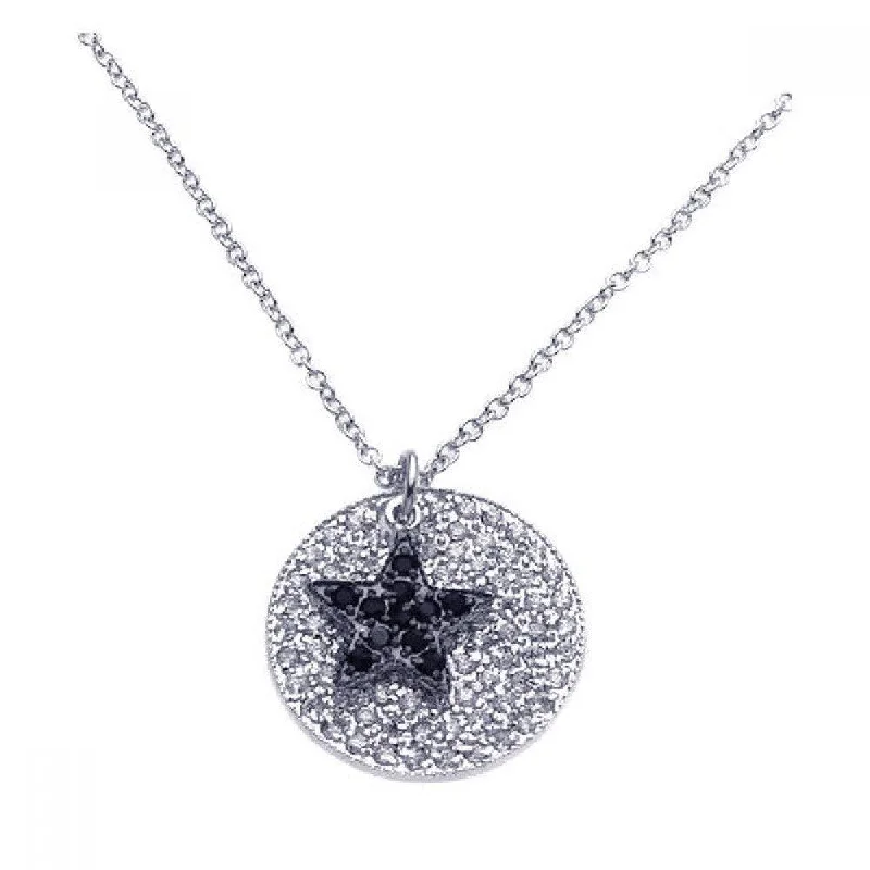 Best necklaces and pendants with opal and gold for a vibrant, luxurious contrast-Silver 925 Rhodium Plated Circle Filigree Black Star CZ Necklace - BGP00244