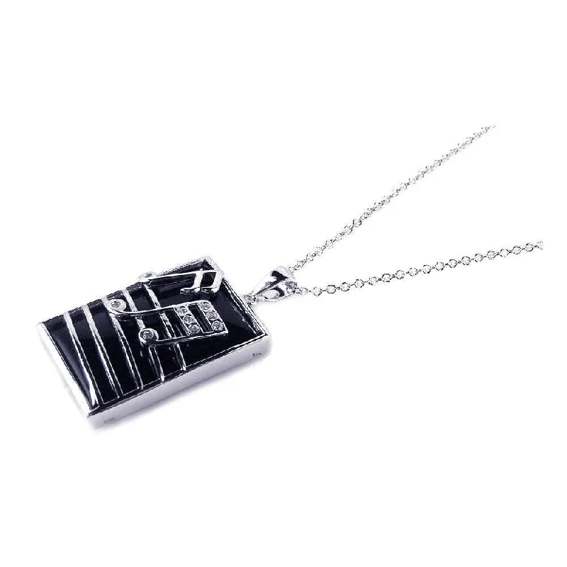 Best necklaces and pendants for weddings with matching designs for bride and groom-Clearance-Silver 925 Rhodium Plated Square Music Note Black Onyx CZ Dangling Necklace - BGP00167