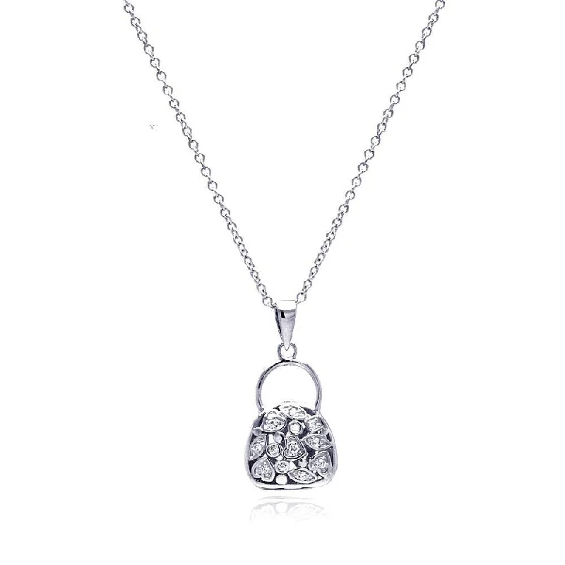 Beautiful necklaces and pendants with gemstone teardrops for an elegant effect-Clearance-Silver 925 Clear CZ Rhodium Plated Purse Pendant Necklace - BGP00082