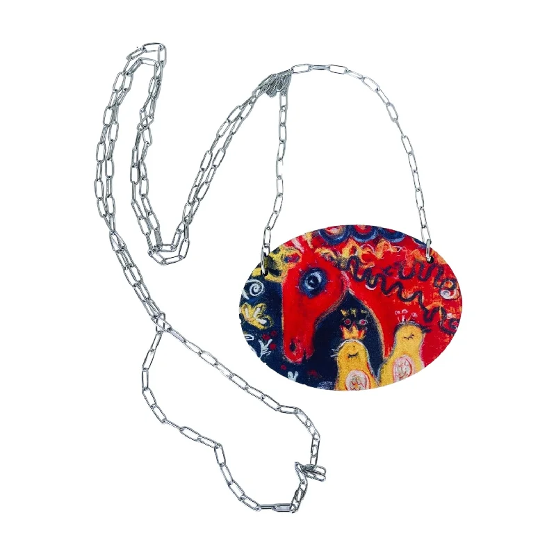 Layered necklaces and pendants for a trendy and fashionable stacked look-Red Horse and Yellow Birds Wooden Pendant - Unique Jewelry for Artists & Creatives