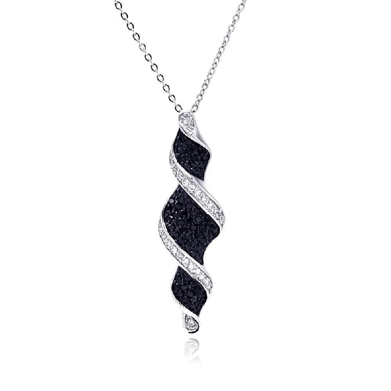 Beautiful necklaces and pendants with butterfly motifs for a whimsical style-Clearance-Silver 925 Black and Clear CZ Black and Rhodium Plated Twist Drop Pendant Necklace - BGP00120