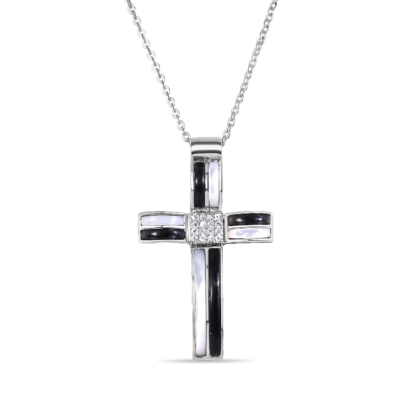 Beautiful necklaces and pendants with geometric shapes for a modern, artistic design-Clearance-Silver 925 Black and Rhodium Cross CZ Necklace - BGP00200