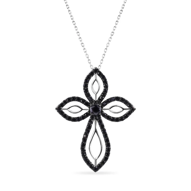 Beautiful necklaces and pendants with diamond-encrusted designs for maximum sparkle-Clearance-Silver 925  Rhodium and Black Rhodium Plated Clear and Black CZ Cross Pendant Necklace - STP00804