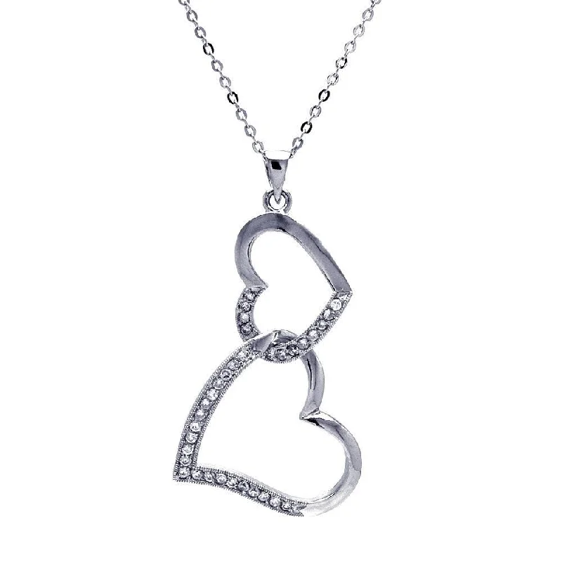 Best necklaces and pendants with heart-shaped designs for a romantic look-Silver 925 Clear CZ Rhodium Plated Double Heart Pendant Necklace - BGP00025