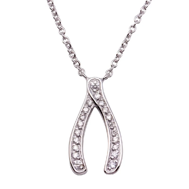 Best necklaces and pendants with oval pendants for a classic, elegant shape-Silver 925 Clear CZ Rhodium Plated Wishbone Pendant Necklace - STP00203