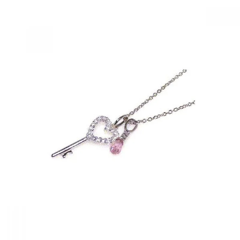 Unique necklaces and pendants with artistic shapes for a creative, one-of-a-kind design-Silver 925 Clear Pink CZ Rhodium Plated Heart Key Pendant Necklace - STP00311