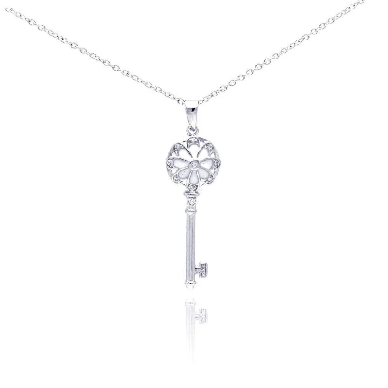 Necklaces and pendants with engraved messages for a deeply personal, sentimental gift-Silver 925 Rhodium Plated Key CZ Necklace - BGP00289