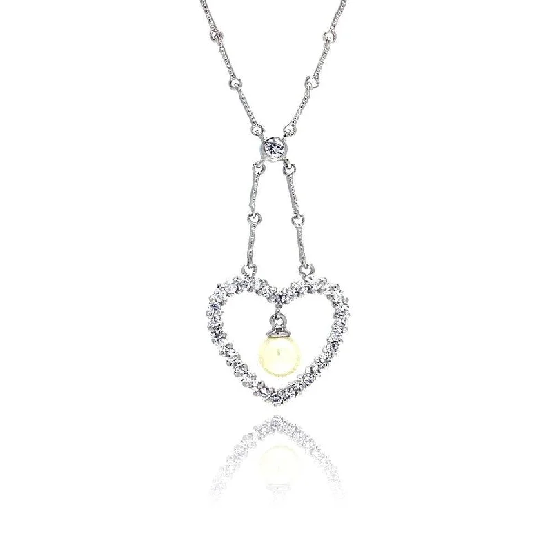 Trendy necklaces and pendants with geometric shapes for a modern aesthetic-Clearance-Silver 925 Clear CZ Rhodium Plated Pearl Heart Pendant Necklace - BGP00026