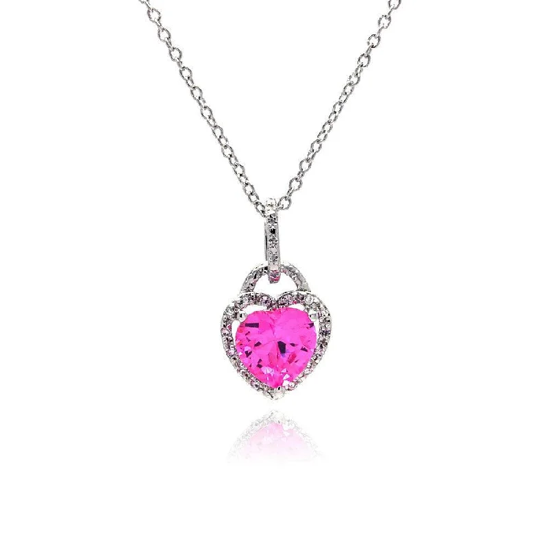 Necklaces and pendants with lock and key designs for a symbolic gesture-Silver 925 Clear Pink CZ Rhodium Plated Heart Pendant Necklace - STP00269