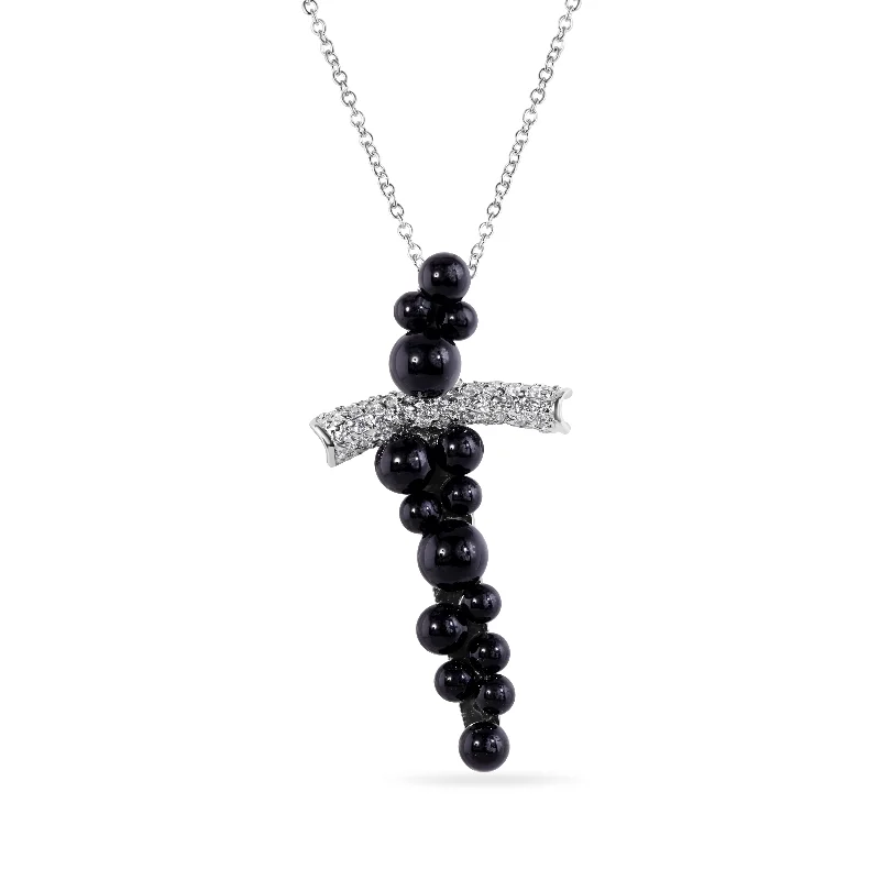 Necklaces and pendants with engraved messages for a deeply personal, sentimental gift-Clearance-Silver 925 Rhodium Plated Cross CZ Graduate Ball Black Onyx Necklace - BGP00170