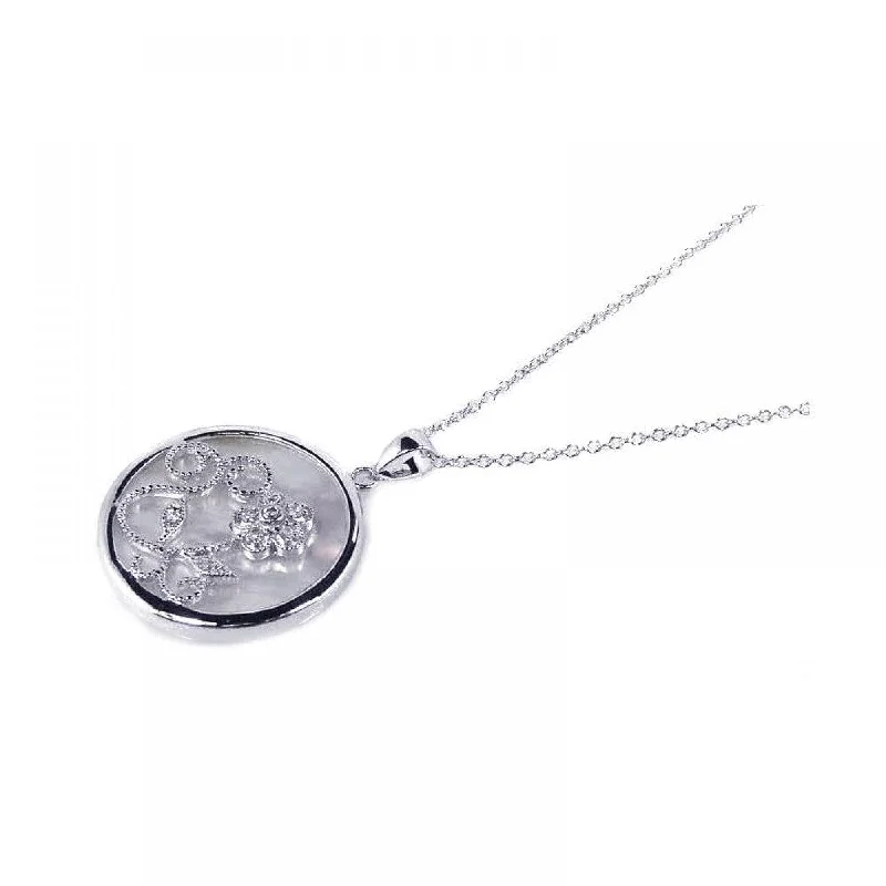 Stunning necklaces and pendants with birthstone pendants for a personal touch-Clearance-Silver 925 Clear CZ Mother Pearl Rhodium Plated Round Circle Pendant Necklace - BGP00127