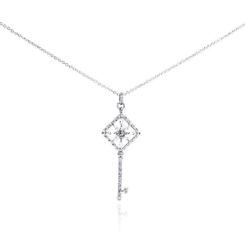 Simple necklaces and pendants with tiny charms for a delicate and casual vibe-Silver 925 Rhodium Plated Square Open Key Filigree CZ Necklace - BGP00273