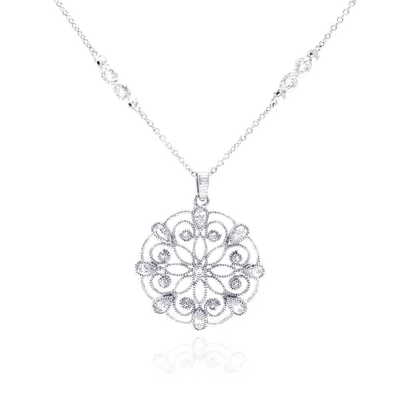 Necklaces and pendants with geometric pendants for a clean, contemporary design-Silver 925 Rhodium Plated Open Outlined Snow Flakes CZ Necklace - BGP00291