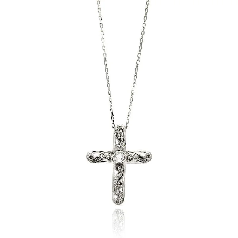 Beautiful necklaces and pendants with natural stones for an earthy, organic vibe-Silver 925 Rhodium Plated Wave Cross CZ Necklace - BGP00523