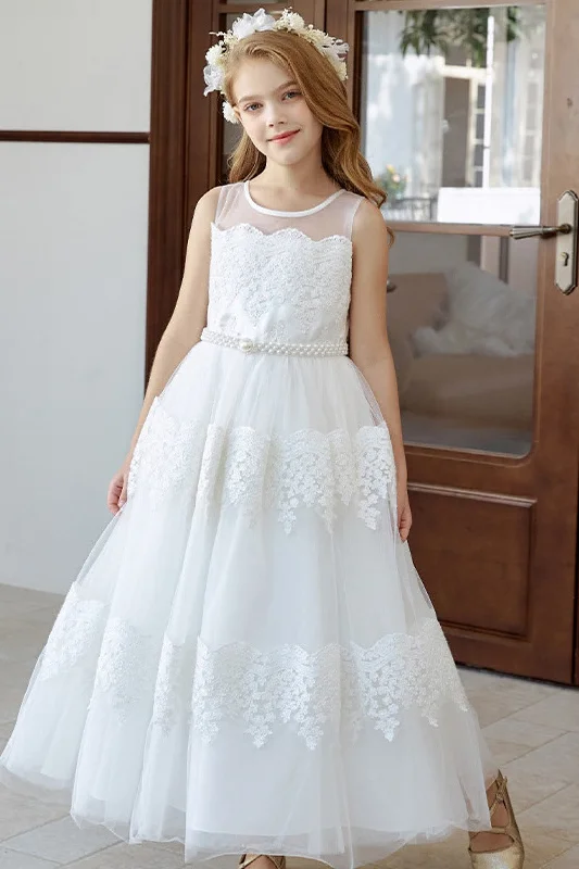 Cocktail Dresses for Party Time -A-Line Illusion Neck Tulle Maxi Flower Girl Dresses 778034985750