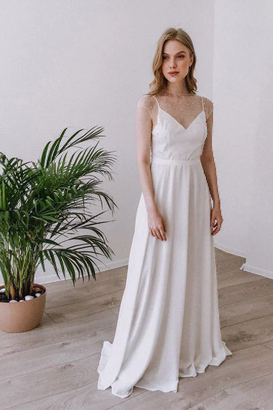 Maxi Dresses for Elegant Style -A-Line Sweep-Brush Train Chiffon Wedding Dress 650178936693