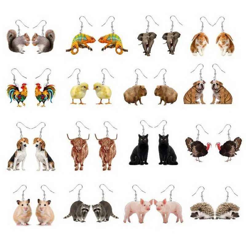 Drop Earrings for Yoga Session -Wholesale 10pcs Rooster, Cow, Hamster, Piglet, Hedgehog, Squirrel, Rabbit, Black Cat, Puppy, Animal Earrings