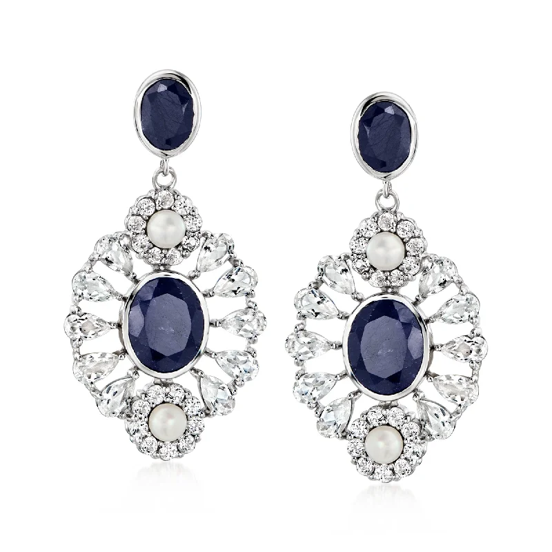 Drop Earrings with Crown Designs -Ross-Simons 4-4.5mm Cultured Pearl and Sapphire Drop Earrings With White Topaz in Sterling Silver