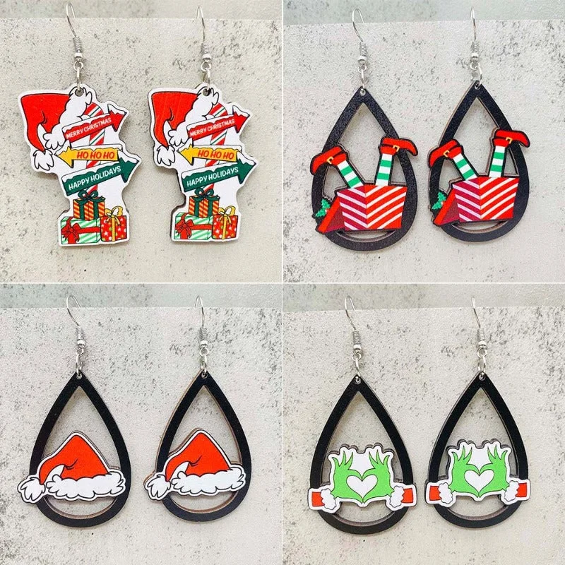 Drop Earrings with Star Motifs -Wholesale Christmas Santa Hat Wood Earrings