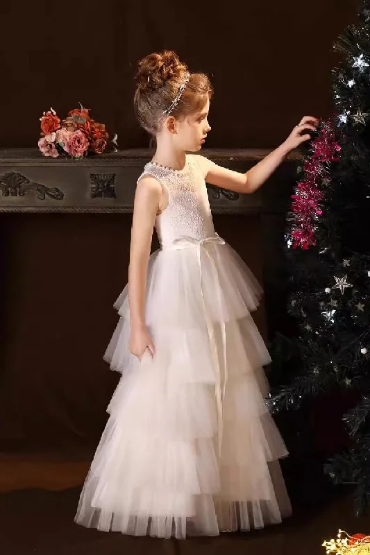 Brown Dresses for Earthy -A-Line Scoop Neck Lace/Tulle Flower Girl Dresses With Cascading Ruffles 809160851086