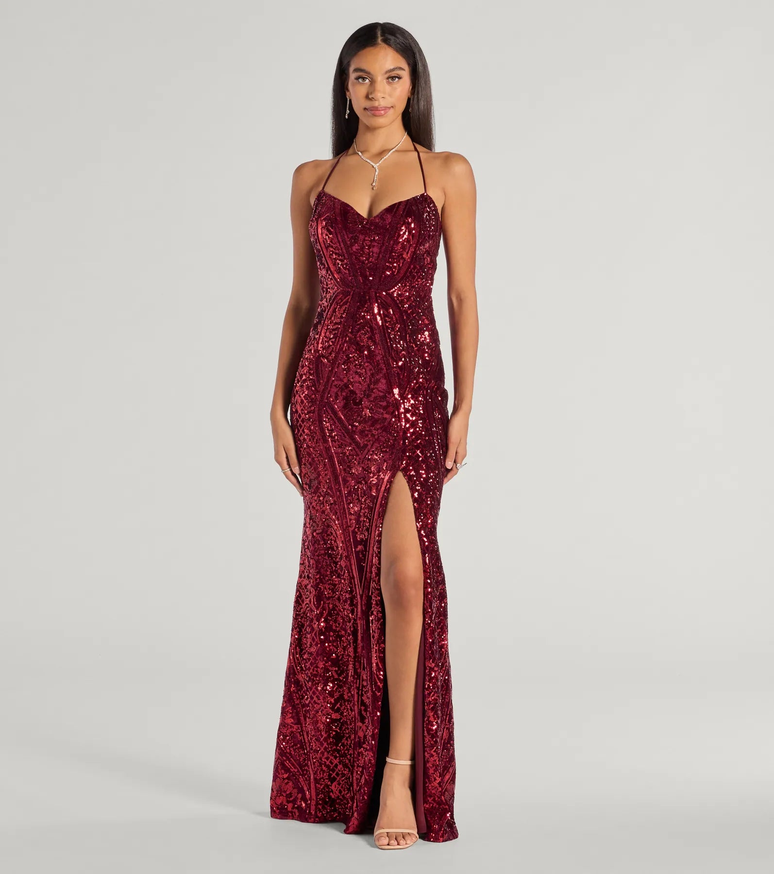 Solid Color Dresses for Simple -Meara Sequin Velvet Hight Slit Column Dress