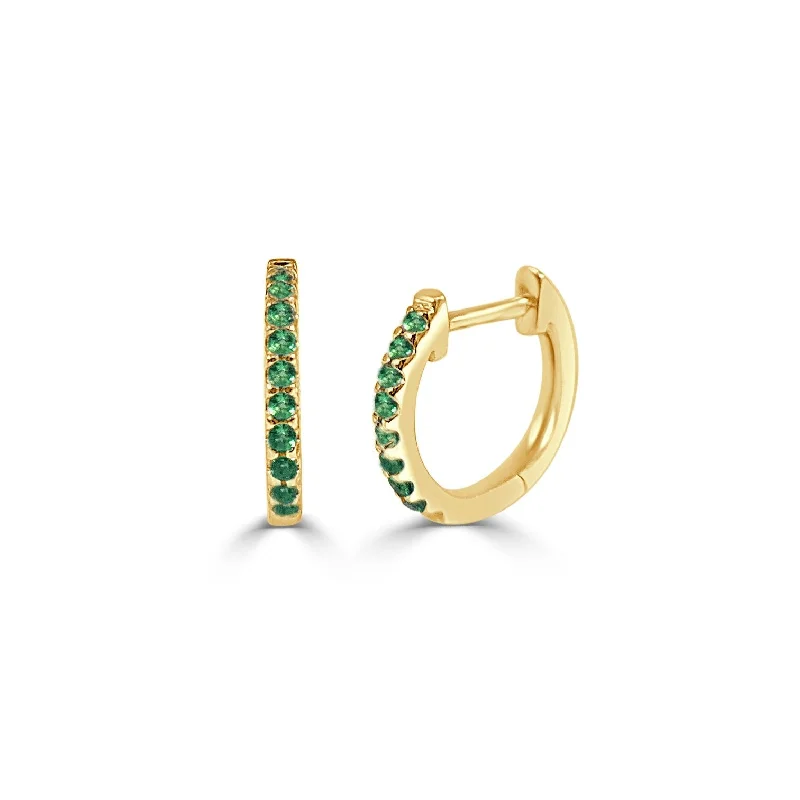 Round Drop Earrings for Classic -Joelle Collection Emerald Huggie Earrings - 14K Gold Earrings U-Shaped Hoops With Green Emeralds