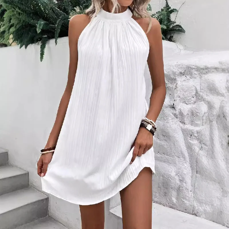 Off-shoulder Dresses for Feminine -Summer High-end Sleeveless European And American Ladies Round Neck Mid-length Pleated Dress