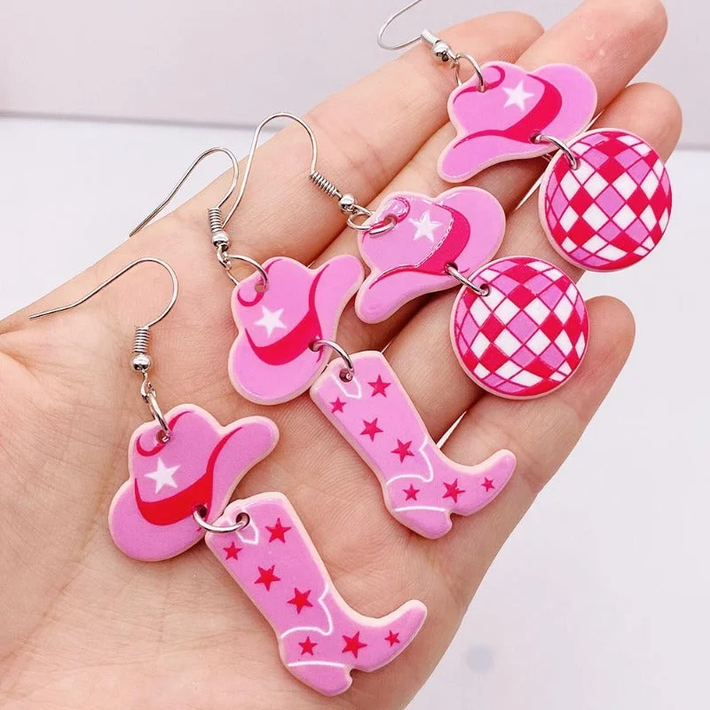 Drop Earrings for Birthday Celebration -Wholesale Pink Western Cowboy Style Acrylic Earrings