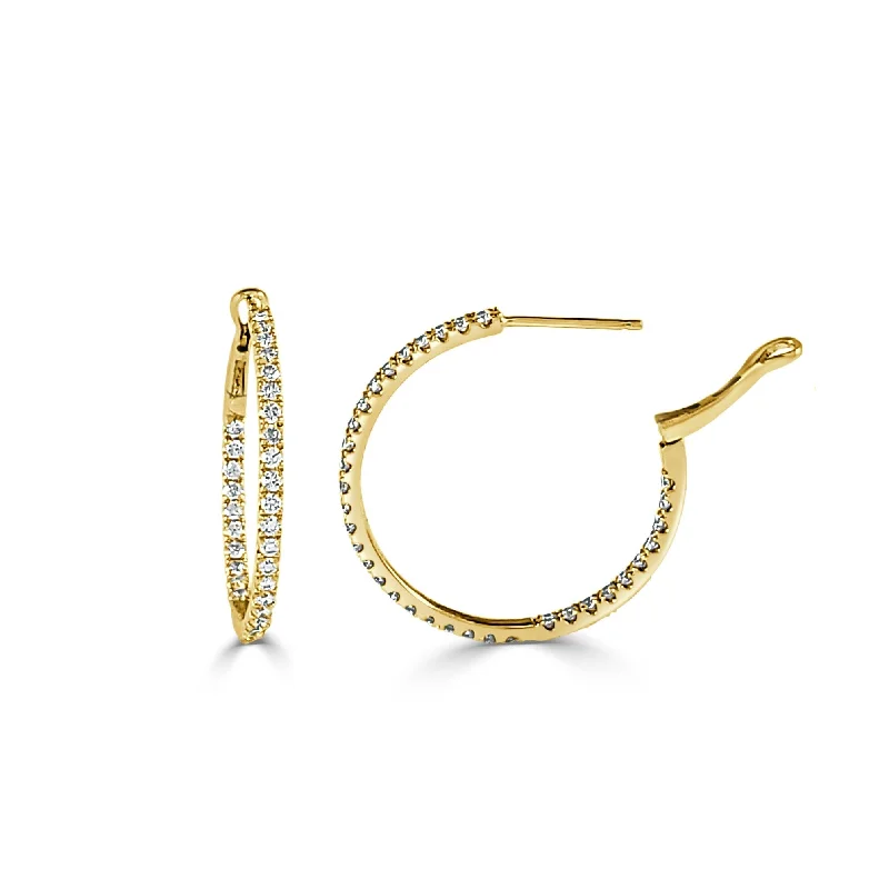 Gold Drop Earrings for Women -Joelle Collection Inside Out DiamondRound Hoop Earrings 1" 14K Gold 1.20ct TDW