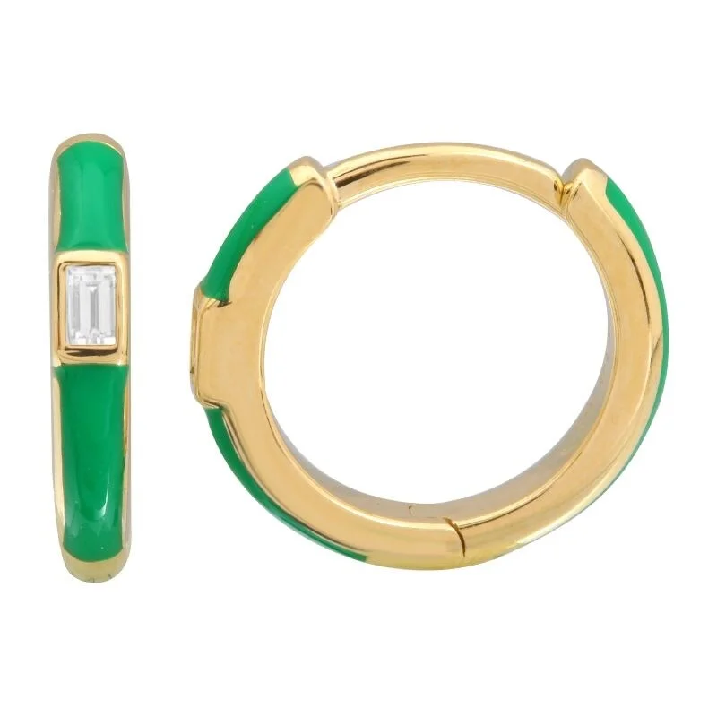 Drop Earrings for Valentine's Day -Joelle Collection Diamond & Green Enamel Huggie Hoop Earrings 14K Yellow Gold