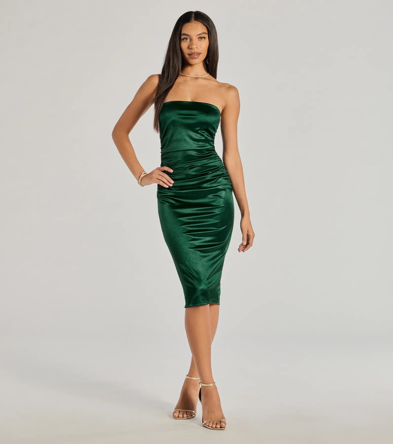 Graduation Dresses for Milestone -Luxe Sheen Strapless Ruched Satin Midi Dress