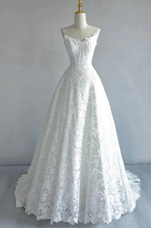 Resort Dresses for Vacation -A-Line Sweep-Brush Train Lace Wedding Dress 828423890551