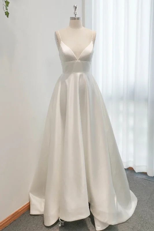 Solid Color Dresses for Simple -A-Line Sweep-Brush Train Satin Wedding Dress CW3112CR