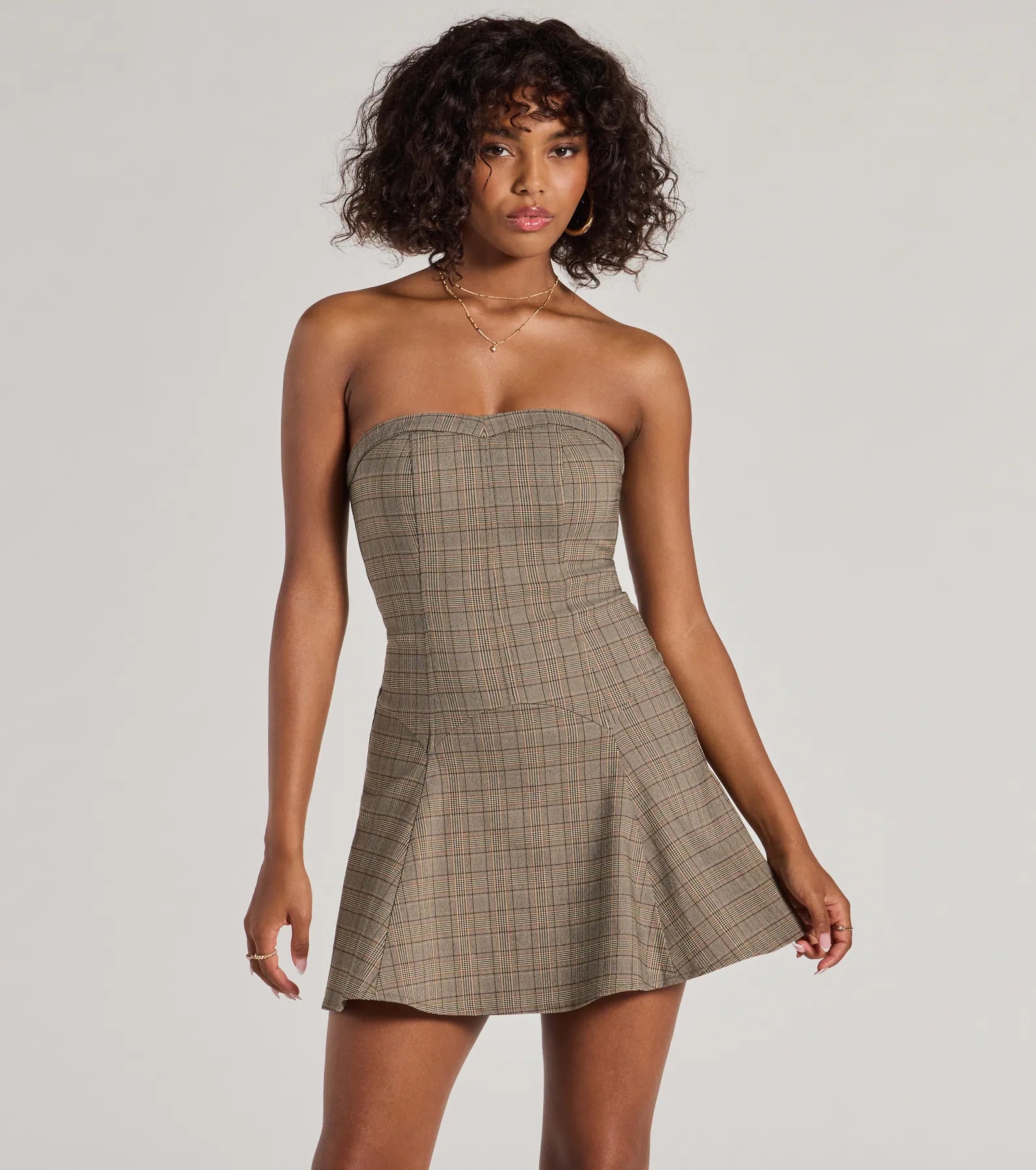 Short-sleeved Dresses for Summer -Adorable Look Plaid Print Strapless Skater Dress