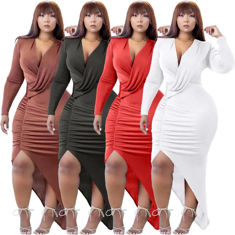 Midi Dresses for Versatile Wear -Nightclub V-neck Formal Dress Solid Color Large Slit Dress