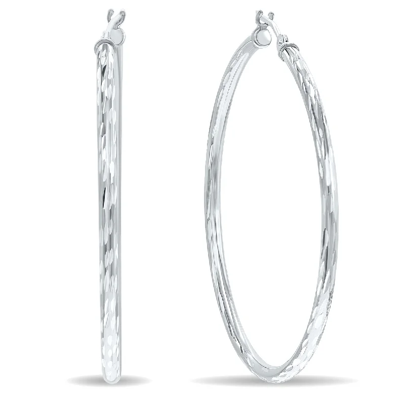 Oval Drop Earrings for Grace -10K White Gold Shiny Diamond Cut Engraved Hoop Earrings 40Mm