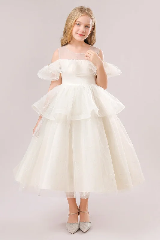 One-shoulder Dresses for Trendy -Ball-Gown Off The Shoulder Neck Cold Shoulder Sleeves Tulle Midi Flower Girl Dresses 687623292935