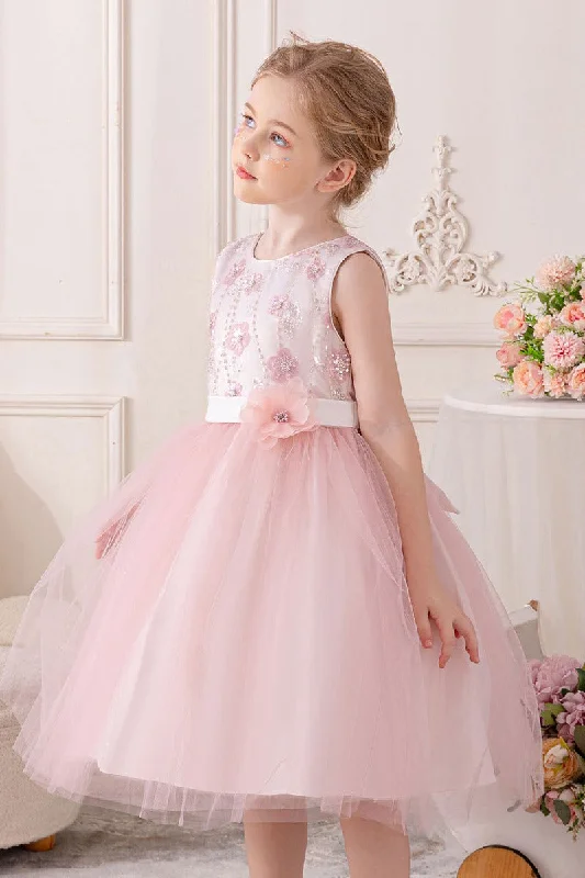 Geometric Dresses for Modern -A-line/Princess Scoop Neck Knee-Length Lace Tulle Flower Girl Dress With Bowknot Sashes 854386467203