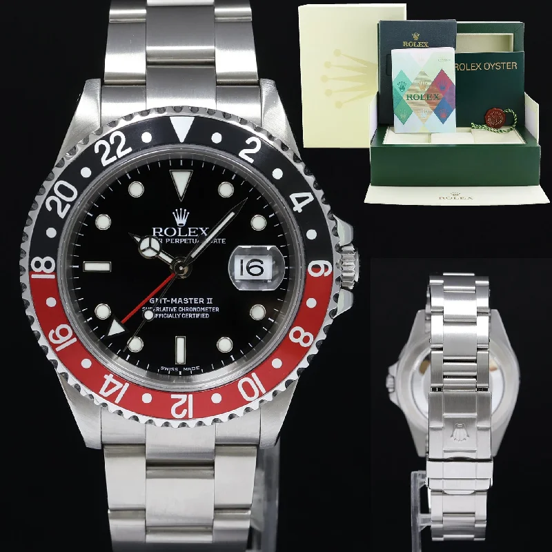 Bluetooth-enabled watches for women with sync capabilities and modern style -2002 PAPERS MINT Rolex GMT-Master II Coke Red Black Steel 16710 40mm Watch Box