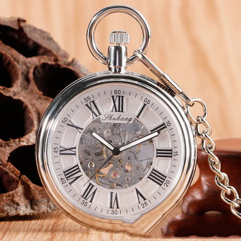 Leather band watches for women with elegant simplicity for all occasions -Creative Straight Plate Without Cover Roman Literal Automatic Mechanical Pocket Watch