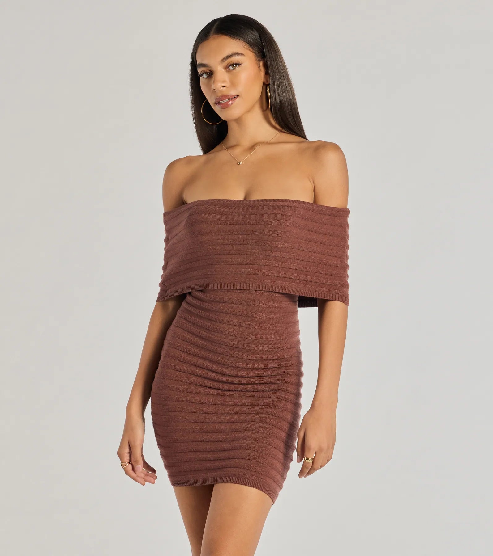 Cocktail Dresses for Party Time -Soft And Chic Ribbed Knit Off-The-Shoulder Mini Dress