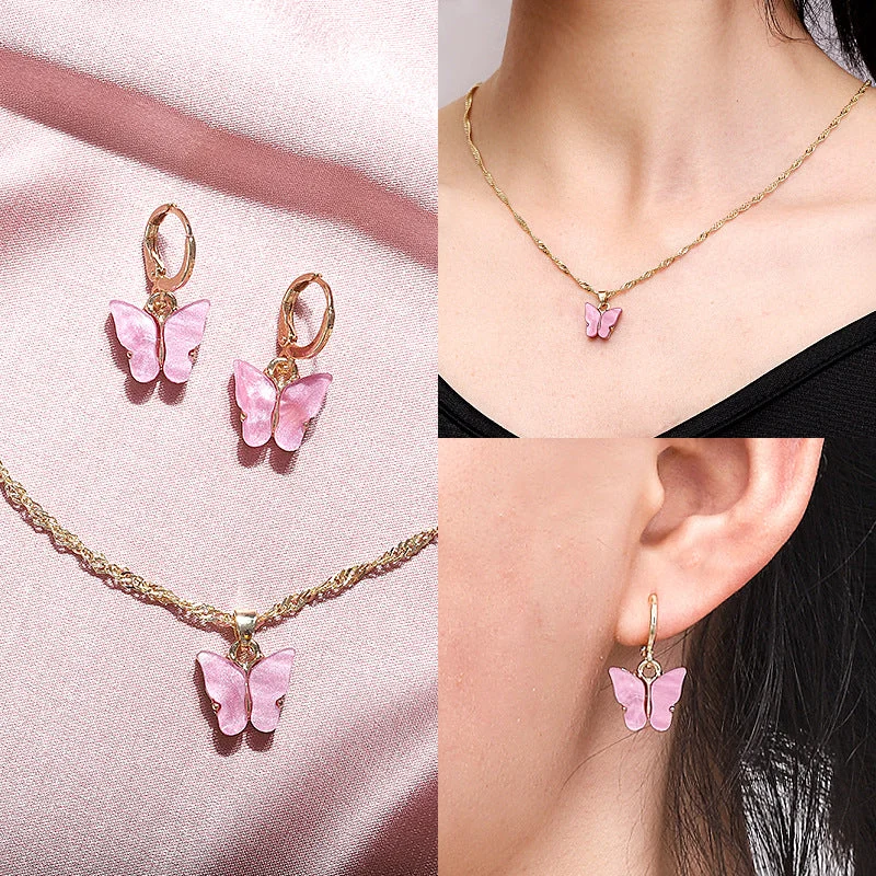 Drop Earrings with Animal Motifs -Wholesale 2pcs/pack Fashionable New Acrylic Butterfly Necklace Earrings Super Fairy Tassel Necklace Set