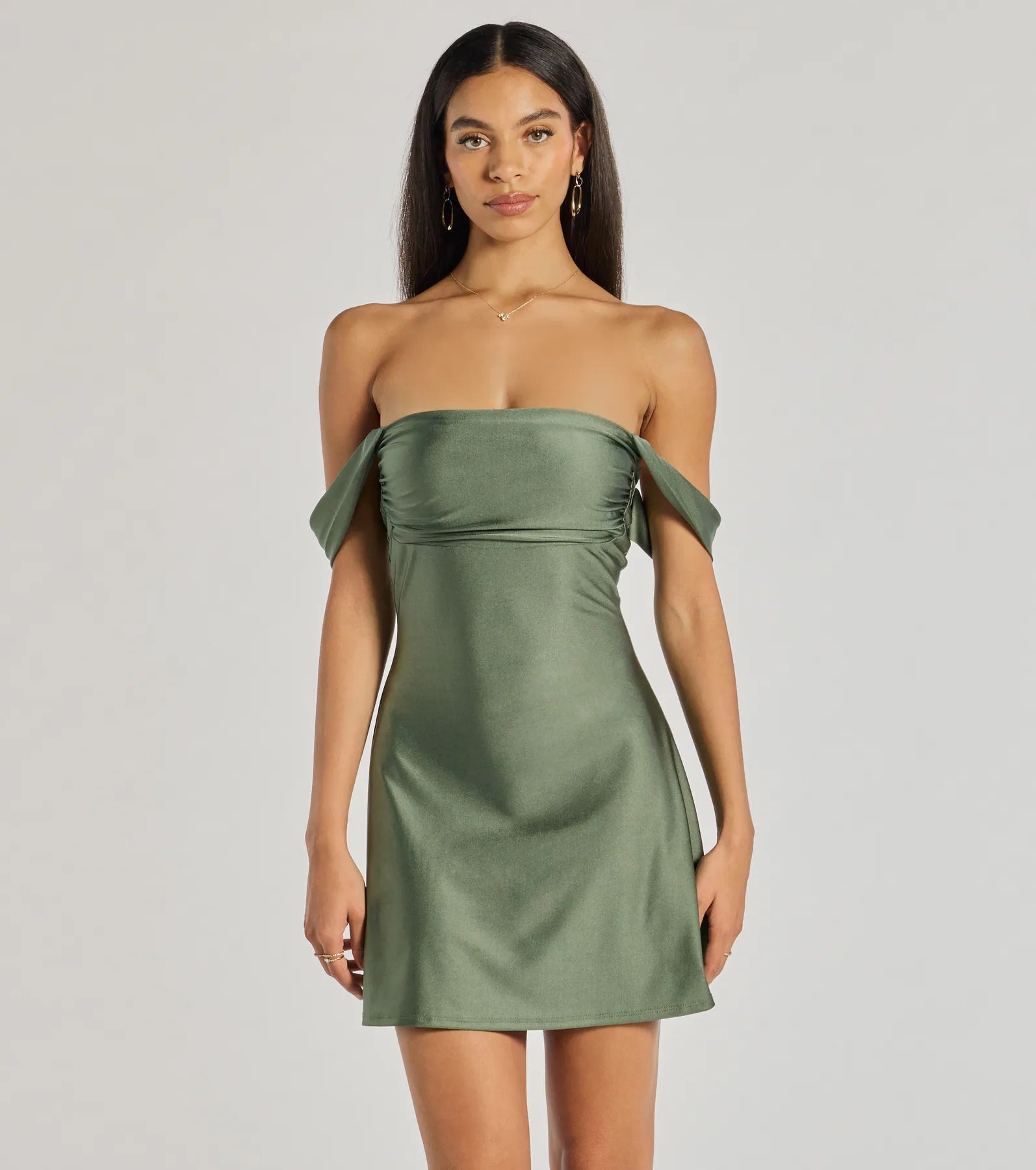 Linen Dresses for Breathable -Classics Lover Off-The-Shoulder Satin A-Line Mini Dress