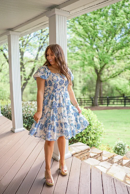 Christmas Dresses for Holiday -Embroidered Beauty Blue Floral Dress