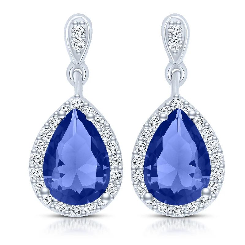 Star Shaped Drop Earrings for Charm -C.z. Sterling Silver Rhodium Plated Sapphire Pear Shape Drop Earrings