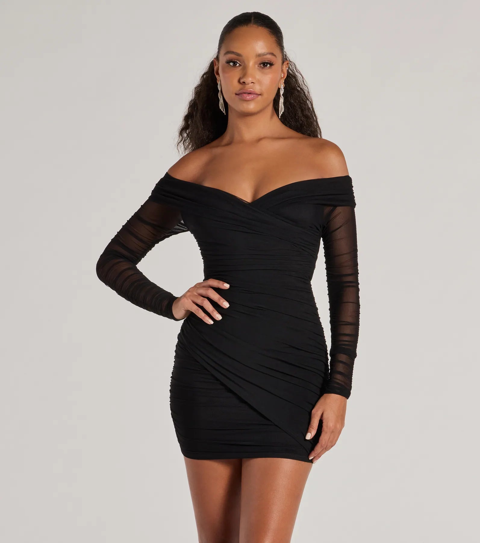 Leather Dresses for Luxury -Sultry Looks Mesh Off-The-Shoulder Bodycon Mini Dress