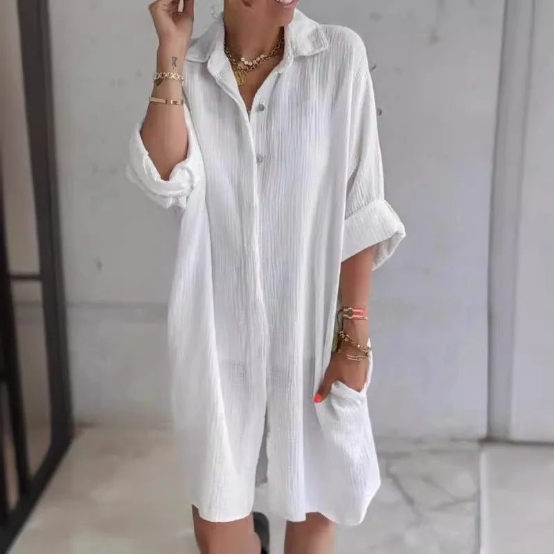 Animal Print Dresses for Fun -Long Shirt Women's Cotton And Linen Loose Solid Color Pocket Shirt Dress