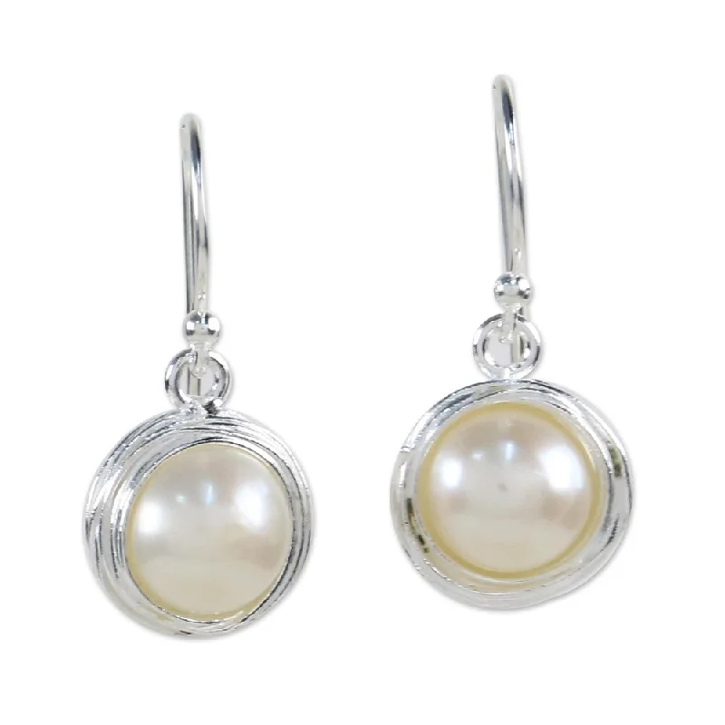 Geometric Drop Earrings for Trend -Cultured Pearl Dangle Earrings, 'Pearl Radiance' (Thailand) - 0.9L*0.4W